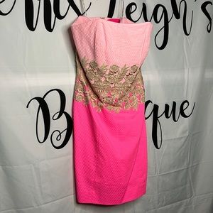 lilly pulitzer two toned pink with gold detailing strapless mini dress